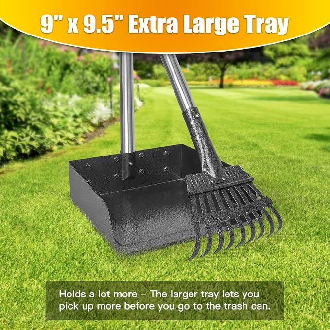 Larger Pooper Scooper for Large Dogs, Dog Pooper Scooper for Large Medium Small Dogs Long Handle Stainless Metal Tray and Rake Set Heavy Duty (Pack of 2)