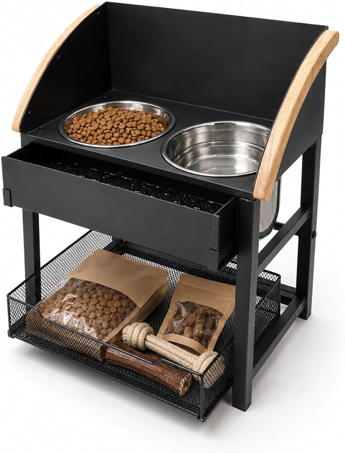 Elevated Dog Bowls for Large Breed Dogs with Storage Basket, 13 Inch Tilted Raised Dog Bowl Stand with Stainless Steel Bowls, Metal Dog Feeding Station