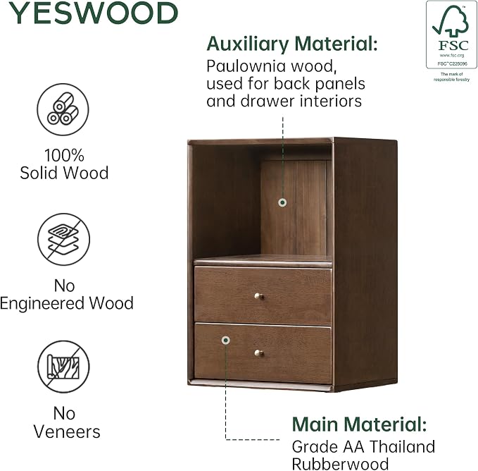 YESWOOD Modular Bookcase Storage Cubes, 100% Solid Rubberwood TV Stand Free Combination, Small Walnut Color Buffet Cabinet for Living Room Bedroom Study