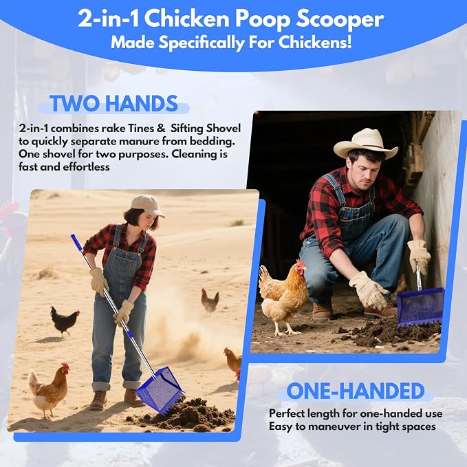 Chicken Poop Scooper Rake 2-in-1,304 Stainless Steel Shovel Head, Chicken Litter Scoop with Handle for Chicken Coop for Sand, Pet Waste Cleaning, Litter Sifting Shovel (35 to 65") (Blue, 10inch) | Chicken Poop Scooper
