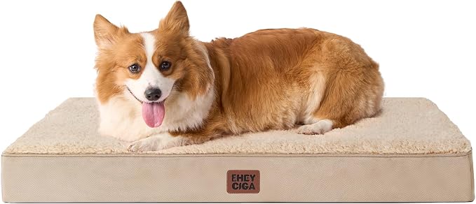 EHEYCIGA Orthopedic Dog Bed Large with Removable Washable Cover, 35IN Khaki | Egg Crate Foam Support, Durable Oxford fabric, Non-Slip Bottom, Machine Washable, Soft Waterproof Plush Pet Bed Mat For Crate