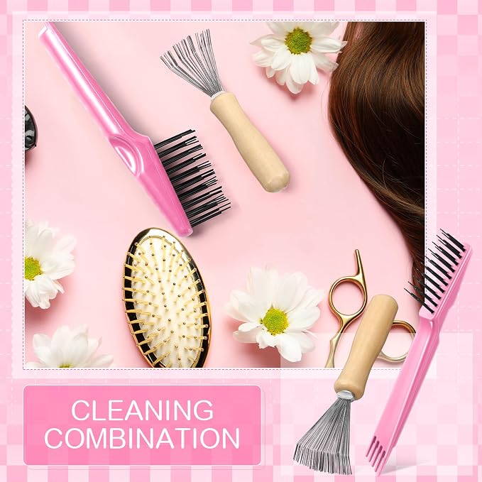 Boao 2 Pack Hair Brush Cleaning Tool,2-in-1 Comb Rake and Brush Cleaner for Removing Hair,Dust and Buildup,Mini Hairbrush Accessory for Home&salon(Pink, Wood Color,Polished Wooden Handle Rake)