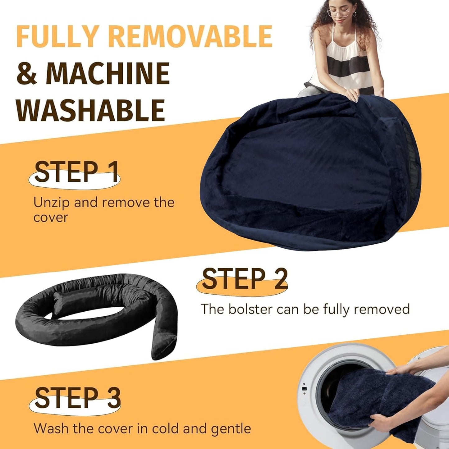 Orthopedic Waterproof Large Dog Bed: Memory Foam Washable Dog Bed with Bolsters - XXL Orthopedic Removable Cover for Medium Large Sized Pet - Non-Slip Bottom - Navy