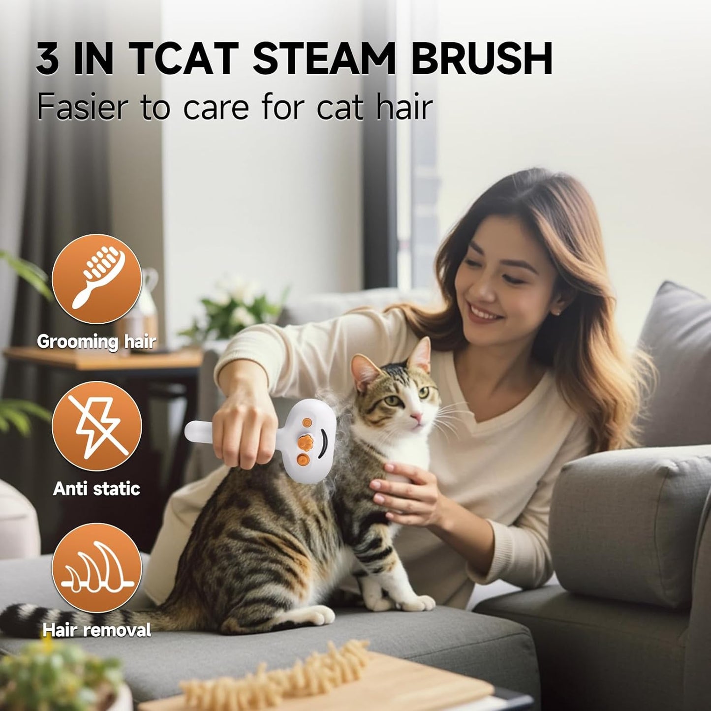 Pet Steam Brush for Dog & Cat – 3-in-1 Spray Hair Removal Comb – Steam for Shedding & Grooming – Water Brush for Long & Short Haired Pets – Spritz Defur Comb – Includes 2*Waterless Shampoo