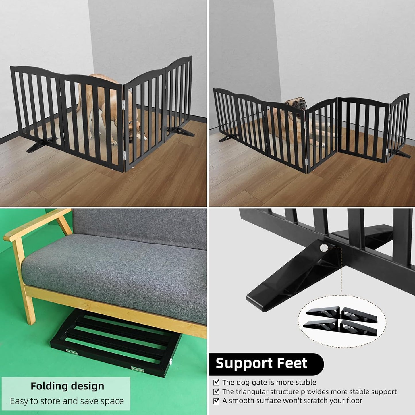 ZJSF Foldable Freestanding Indoor Dog Gate for House Wood Long Pet Gates Dog Fence for Stairs Puppy Gates for Hallways, Puppy Gate,Support Feet Included, Black, 32 "Height-6 Panels