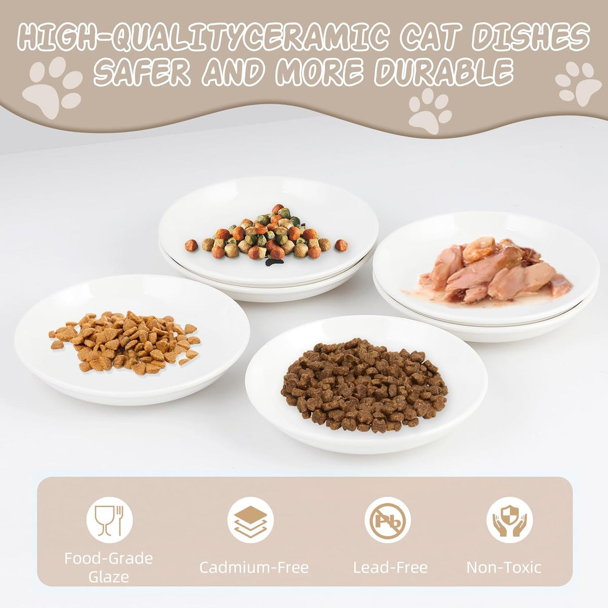 6 Pack Cat Food Bowl, Ceramic Cat Bowls, Anti Whisker Fatigue Cats Bowl Set,5.5 Inches Shallow Wide Kitten Plates for Food and Water (Cat's Paw+Fishbone)
