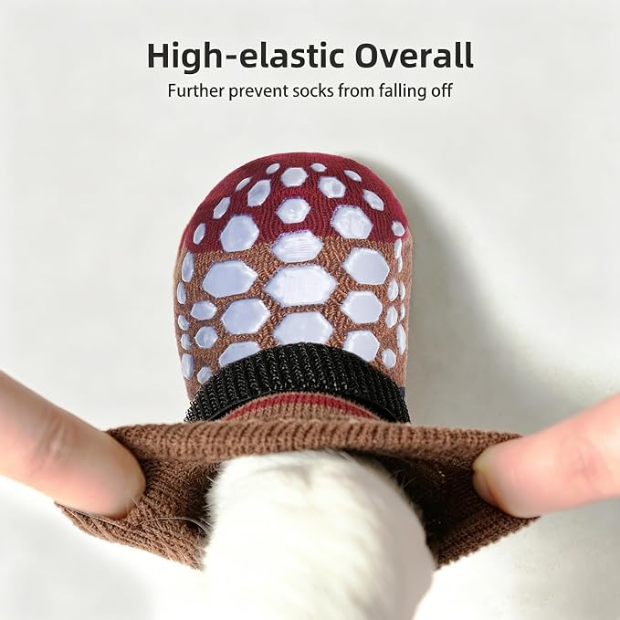 PUPTECK Anti-Slip Dog Socks with Double Sides for Small Medium Large Dogs Hardwood Floors Prevents Licking, Dog Shoes for Hot Pavement Traction Control Paw Protector for Senior Dogs, Striped Brown S