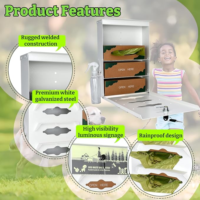 Metal Dog Poop Bag Dispenser Wall Mount - 600 Roll Bags Included | Pet Waste Station -Pet Waste Bag Dispenser with Pick Up After Your Dog Sign (Glow in the Dark)