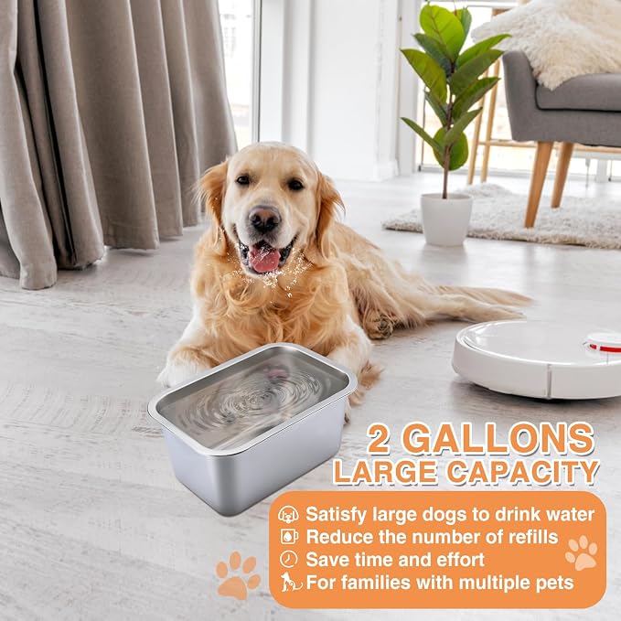 MEWTOGO 2 Gallons Large Capacity Food Grade Stainless Steel Dog Bowls | Dog Water Food Bowl, No Spilling, Durable, Easy to Clean, for Medium Large Breed Dogs Indoor Outdoor