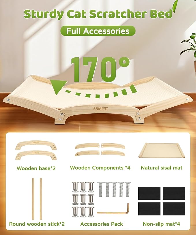 34" Extra Large Cat Scratcher Bed, Natural Sisal Lounge Cat Furniture | Scratch & Rest Design with Wooden Frame, Natural Sisal Scratching Surface, Cozy Lounge Chair for Indoor Cats