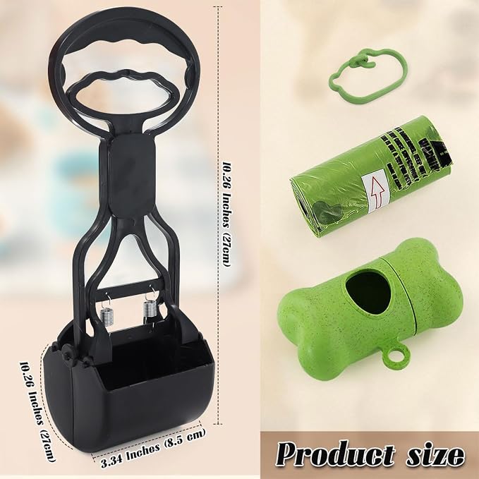 Andiker Dog Pooper Scooper with Short Handle, 10.23" Tall Dual-Spring Pet Pooper Scooper with 1 Roll of Dog Poop Bag and a Dispenser Easy to Use Dog Poop Scooper for Yard Picking Waste Up (Black)
