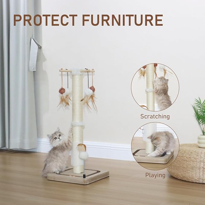 PEEKAB Cat Scratching Post 27 Inches Sisal Scratch Posts for Indoor Cats,with Track Ball Toys Kitten Vertical Scratcher Furniture Beige