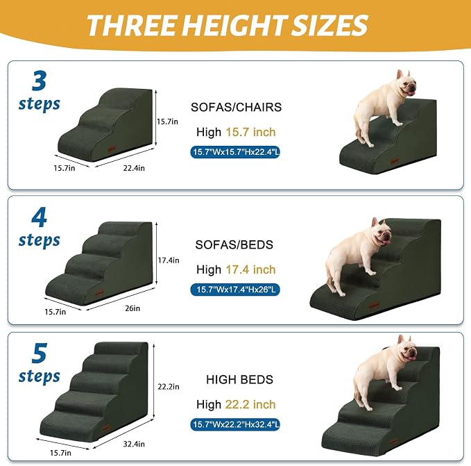 Aodisman Dog Stairs for High Bed,5-Step Pet Ramp for Small Dogs and Cats | 22.2" H Dog Steps for Bed with High-Density Foam, Help Olders,Short-Legged Dogs,Puppy and Cats Get on Beds Easily,Grey,Green
