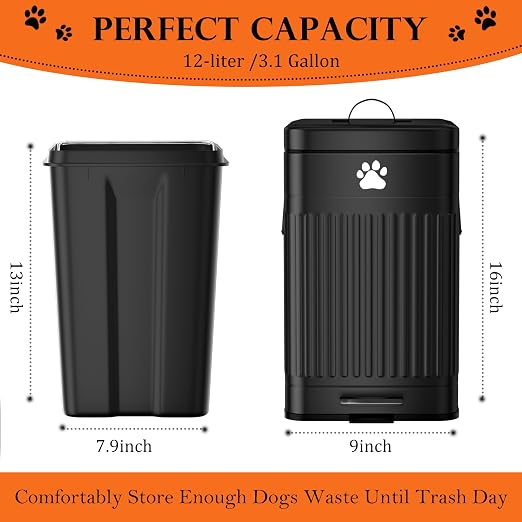 Dog Poop Trash Can Outside - 12L/3.1Gal Metal Outdoor Trash Can with Lid | Outdoor Dog Poop Trash Can with 40 Bags and Removable Inner Bin, Dog Waste Container with Lid Soft Close, Rectangular Black