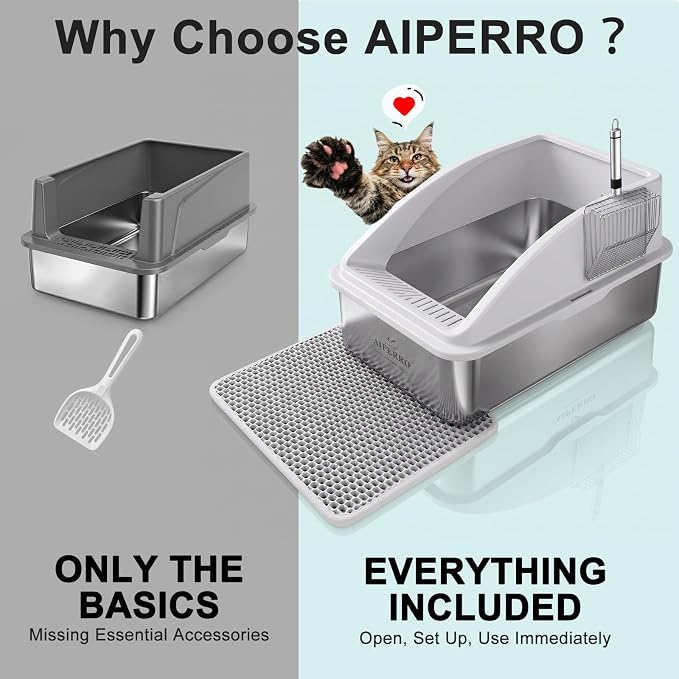 Stainless Steel Litter Box | XL Enclosed Cat Litter Boxes with Lid for Big Cats | High Sided, Anti-Urine Leakage | Non-Stick Bottom & Includes Litter Mat & Metal Scoop