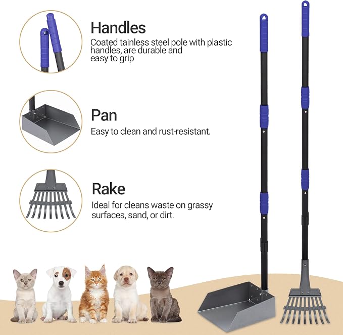 Dog Pooper Scooper, Dog Poop Tray and Rake Set with Long Stainless Handles | Pet Waste Removal Scoop with Adjustable Sectional Handles