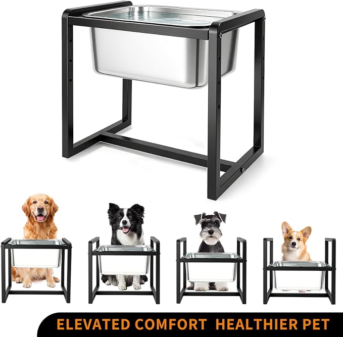 Adjustable Height Elevated Large Dog Water Bowls with Stainless Steel Bowls and Metal Stand，4-Level (8/10/12/14 Inches) Pet Bowl for Dogs for Large Medium Dogs - Durable, Easy to Clean (2.4gallon)