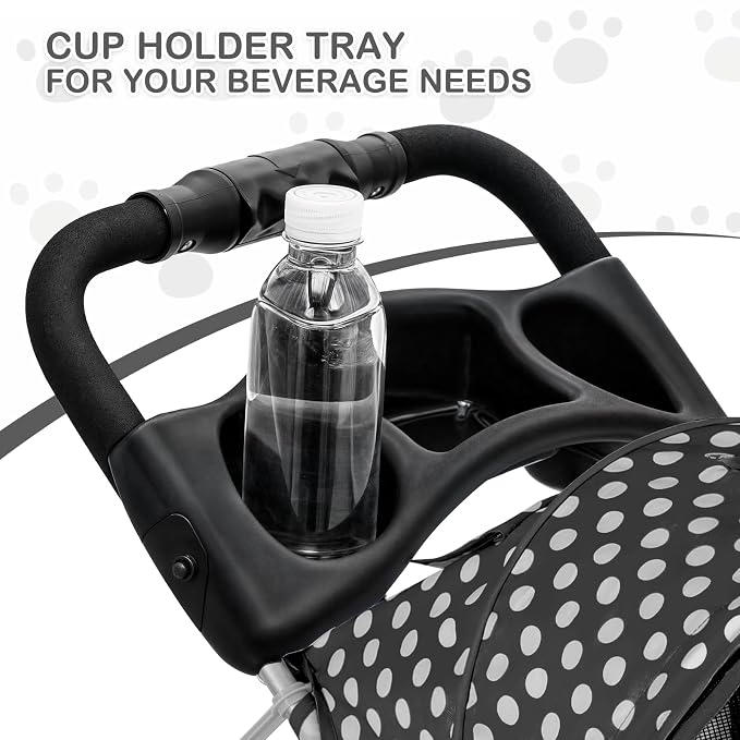 MoNiBloom 3 Wheels Pet Dog Cat Stroller for Small Medium Dogs Cats, Foldable Jogger Stroller w/Storage Basket and Cup Holder, Black Polka Dots