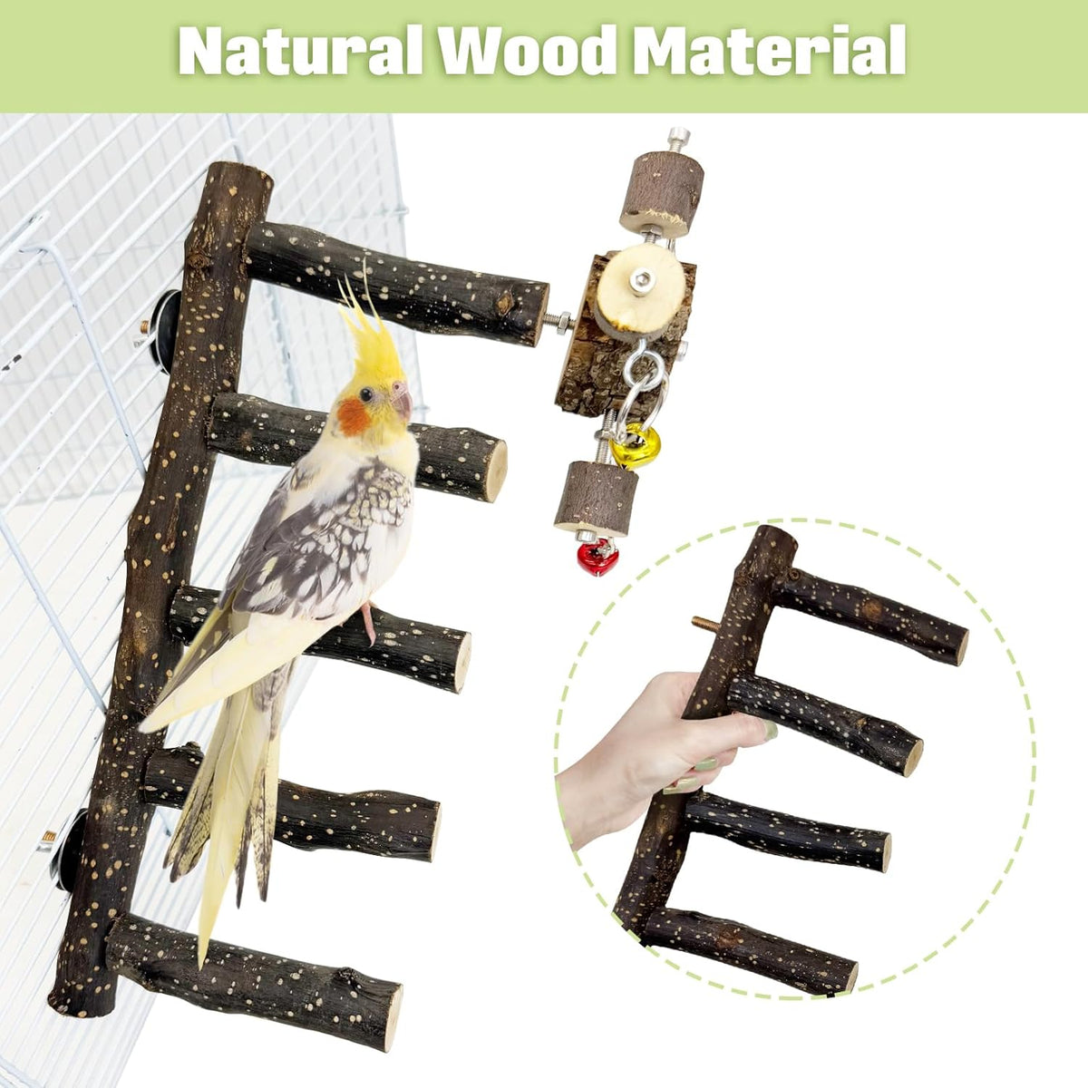 BNOSDM Natural Wood Bird Ladder Perch with Rotating Bell Toys-Exercise Stands for Parrot Climbing Chewing Parakeet Bridge Cage Accessories for Cockatiel, Conures, Lovebirds, Budgie