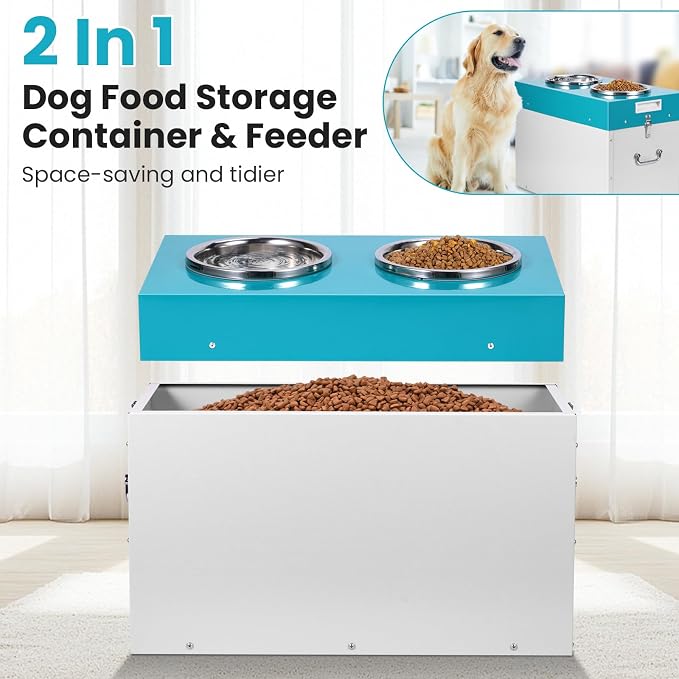 Elevated Dog Bowls with Storage Large Breed 15" H Raised Dog Bowl | 2 In 1 Pet Food Storage Container & Feeder, Galvanized Pet Feeder Feeding Station, Waterproof, Leak-proof, Holds Up To 45 Lbs