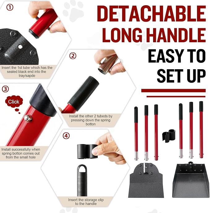 Pooper Scooper for Large Dogs, Adjustable Long Handle Metal Tray and Spade Poop Scooper for Dogs with Bin for Pet Waste Removal, No Bending Clean Up Pooper Scooper for Medium and Large Dogs,Red