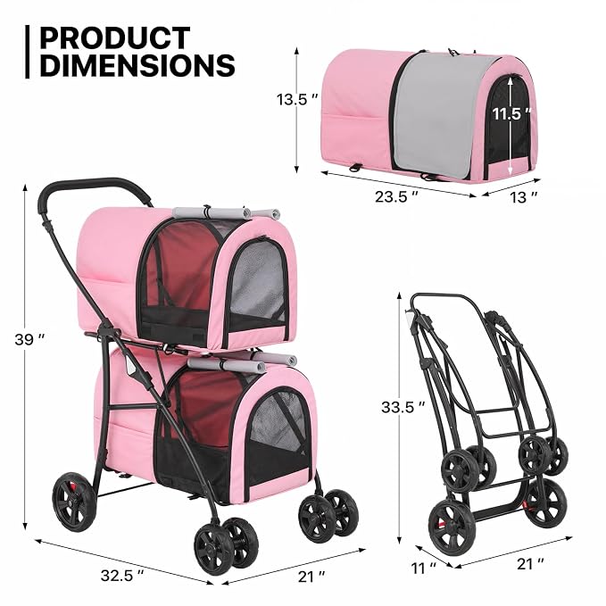 MoNiBloom Double Dog Stroller for Small and Medium Dog Cats, Pink/Gray | Pet Stroller with Detachable Carrier Bags Large 4 Wheels Foldable Jogger for Small and Medium Dog Cats