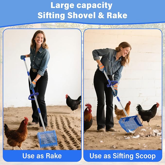 Linidcoud Chicken Poop Scooper, 10 Inch Metal Long Handle Chicken Coop Sand Pooper Scooper & Rake Adjustable Length, Durable Dog Pooper Scooper for Yard Farm Coop Accessories(Blue)
