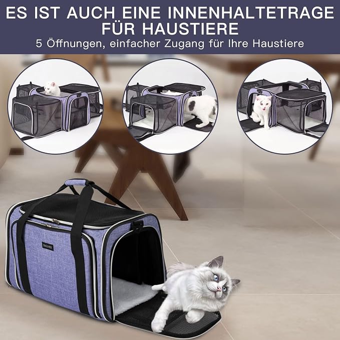 BAGLHER Cat Carrier Bag,Airline Approved Pet Carrier Soft Side Pet Travel 5 Sides Open Doors 3 Sides Expandable Foldable Dog Carrier with Fleece Pad