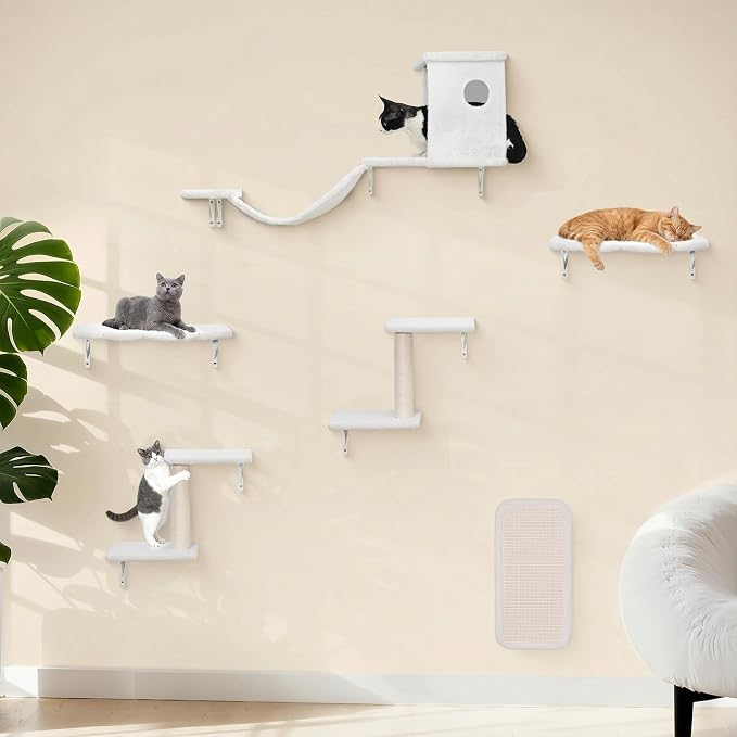 Meecal 6-in-1 Cat Wall Shelves, Wall Mounted Cat Furniture Set, Cat Shelves for Wall with Scratching Posts, Cat Bed & Bridge, Space Saving Cat Climbing Perch for Kittens, White