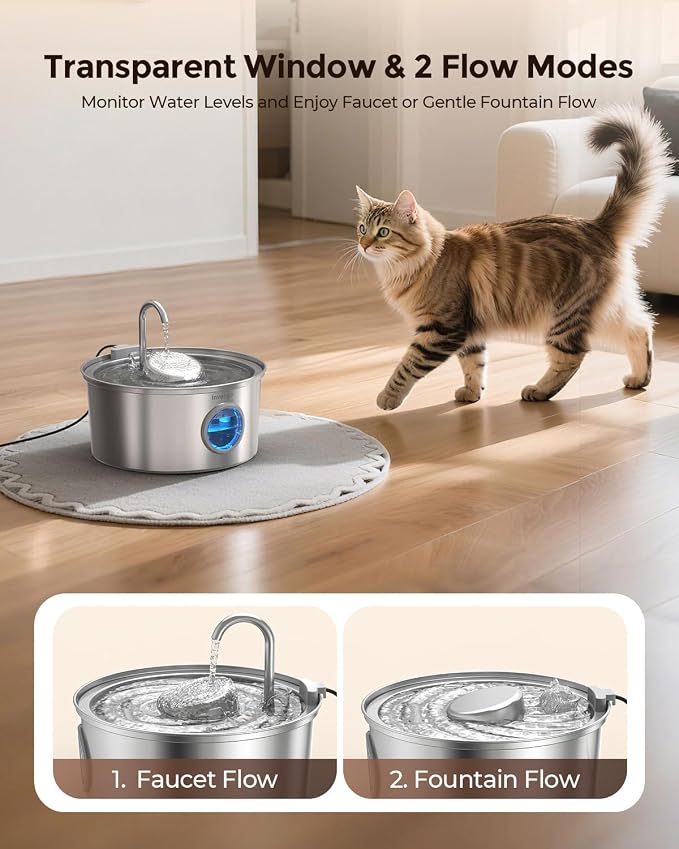 Invengo Cat Water Fountain Stainless Steel, 3.2L/108oz Pet Drinking Fountain for Cats Dogs, Automatic Cat Fountain with 2 Flow Modes, Splash-Proof Bowl, Includes 6 Replacement Filters