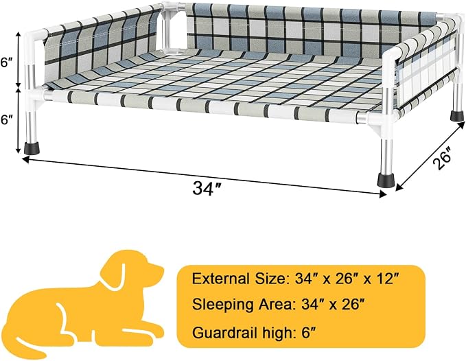 Elevated Dog Bed with with Guardrail, Raised 3-Fence Dog Hammock Bed | Breathable Lifted Stainless Steel Frame Dog Bed for All Pets, Cooling Washable Dog Cot