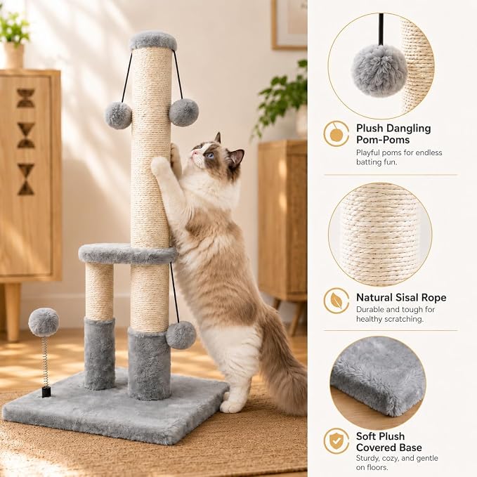 Dimaka Tall Cat Scratching Post, Double Lower Posts Extra Stable Cat Post Tree Scratcher with Sisal Rope and Teasing 4 Balls Total Large Base (Grey)