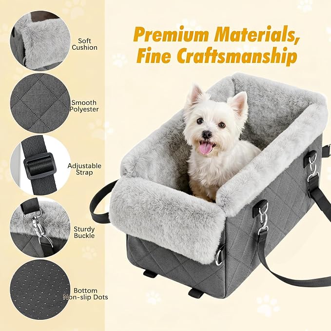 VavoPaw Center Console Dog Car Seat for Small Dogs&Cats Under 12 LBS | Puppy Car Seats with Non-Slip&Strong Support,Anti-Collapse Portable Pet Bed for Puppies with Soft Cushion Safety Belt,Gray