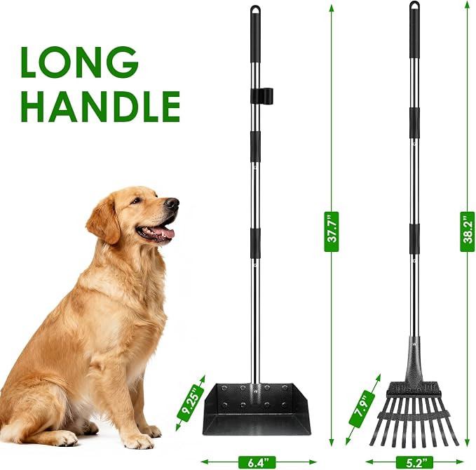 Pooper Scooper, Long Handle Pet Supplies Dog Pooper Scooper with Stainless Metal Tray and Rake for Large Medium Small Dogs Heavy Duty, Use on Grass, Dirt or Gravel