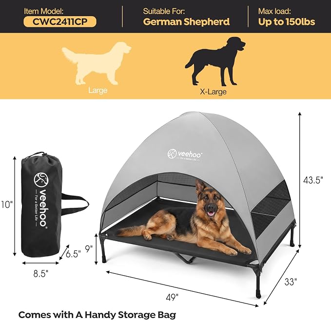 Veehoo Outdoor Dog Bed with Canopy, Cooling Elevated Dog Shade for Outside | Portable Raised Dog Cot with Removable Shade, Sun Protection Dog Tent Outdoor for Camping, Beach, 49" x 43.5", Black