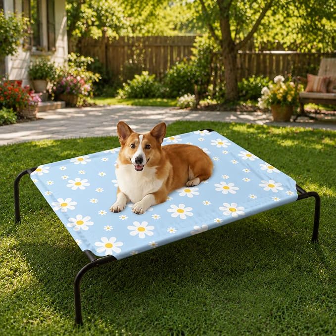 Blue Daisy Pattern Orthopedic Elevated Dog Pet Bed(35"X25"X8"),with Metal Frame,Printing Breathable Waterproof Dog Kennel,Sleeping Bed Set for Small Medium Large Dogs Cats,for Home,Outdoor Use