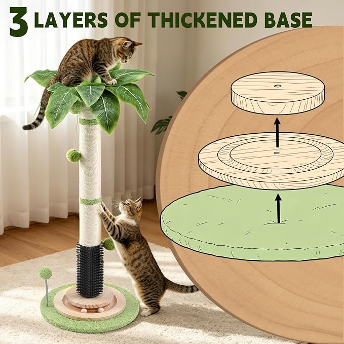 39.4'' Tall Cat Scratching Post,3.5 Inch Wide Sisal Cat Scratcher Tree with Leaves,Interactive Cat Toys for Indoor