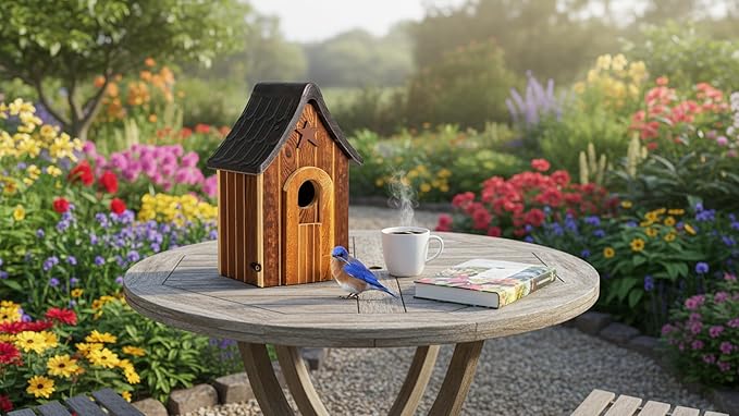 Water Proof Bluebird Bird Houses for Outside, 1.5" Entrance with Landing Perch Guard, Rustic Patriot Style, Squirrel Proof Composite Material Bird House for Outdoor, HDPE Roof 10 Years Weatherable