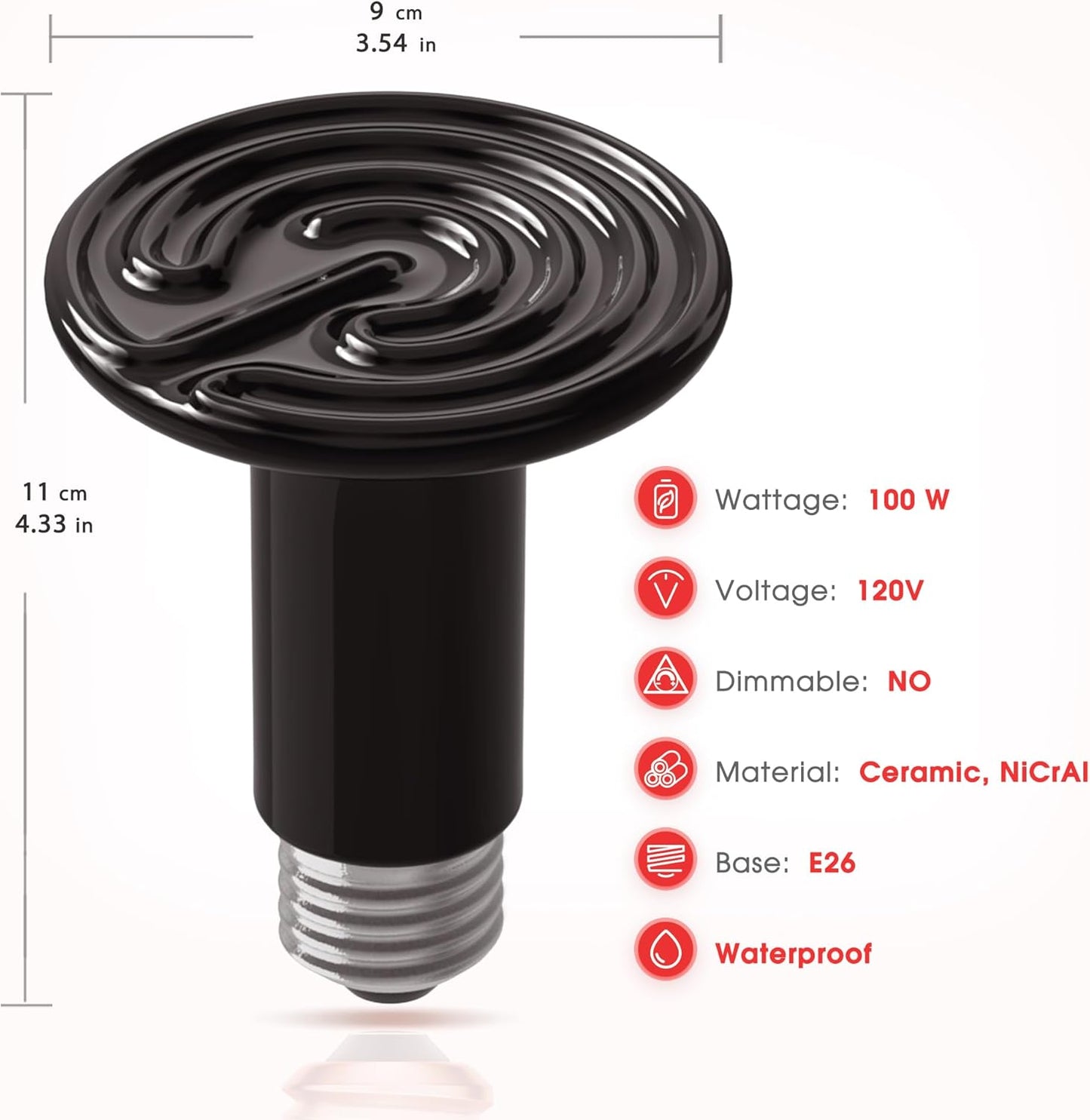 Ceramic Heat Emitter for Reptiles, 2 Pack 100W Heat Lamp Bulb, E26 Ceramic Reptile Heat Bulb Black, No Light Emitting Heat Lamp for Amphibian Pet, Heat Bulb for Bearded Dragon Turtle Snake Lizard