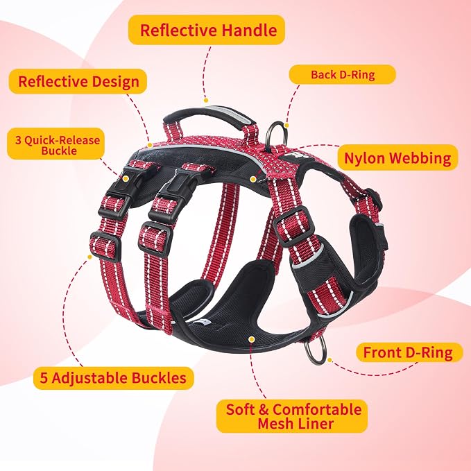 Service Dog Vest Harness, Escape Proof Harness with 6 Patches, No-Pull, Reflective Harness with Handle, Adjustable for Small to Large Dogs, for Training and Hiking (Red, L)