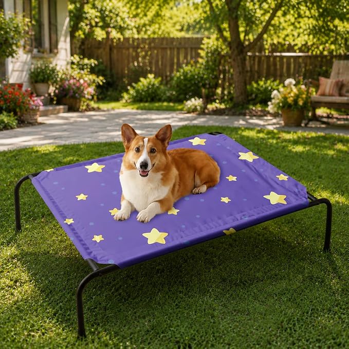 Deep Blue Gold Star Orthopedic Elevated Dog Pet Bed(35"X25"X8"),with Metal Frame,Printing Breathable Waterproof Dog Kennel,Sleeping Bed Set for Small Medium Large Dogs Cats,for Home,Outdoor Use