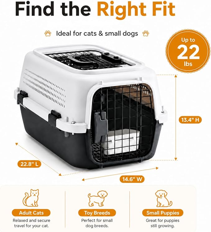 23" Airline Approved Cat Carrier Hard Shell, Dual-Entry Pet Carrier with Top & Front Doors, Detachable Food Bowl & Secure Lock, Breathable Dog Carrier for Cats & Small Dogs Up to 22 lbs - Black
