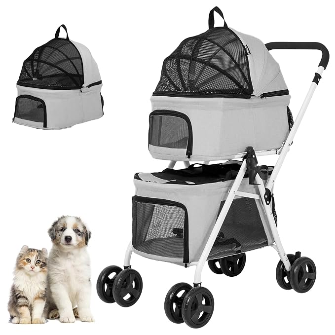 Double Dog Stroller with 2 Detachable Carrier, Portable Pet Stroller for Small Dogs & Cats Folding Lightweight Puppy Travel Carriage, 4 Wheels, Grey