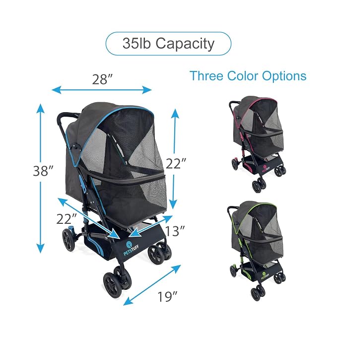 22” Buddy Buggies Foldable Pet Stroller - Shock Absorbing Frame with Storage - Machine Washable Fabric - Durable Mesh & UV Protected Retractable Canopy - Cat & Dog Stroller Up to 30lb