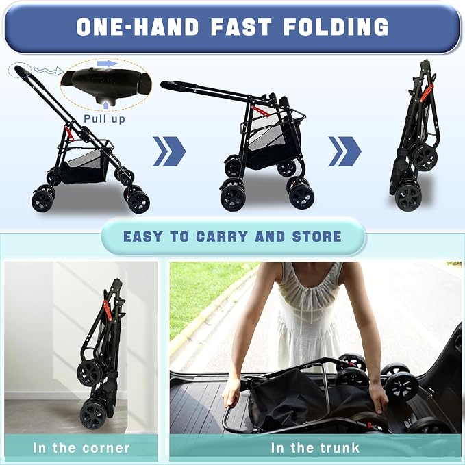 4 Wheels Pet Stroller 4 in 1 Pet Stroller with Detachable Carrier for Small & Medium Dogs Cats up to 55 lbs Easy-Folding Travel Dog Wagon with Car Seat Breathable Mesh,Black