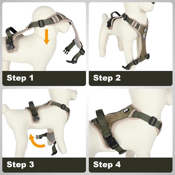 No-Pull Dog Harness for Large Dogs, 1680D Oxford Tactical Dog Harness Reflective Adjustable Heavy Duty Dog Harness, Padded Handle for Walking, Training, Outdoor Control (Khaki, L)