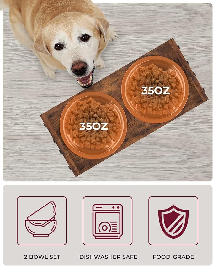 Elevated Dog Bowls, Adjustable Bowl Stand Medium, Rustic Brown | Particle Board Raised Dog Bowl Stand with 2 Stainless Steel Bowls for Medium Dogs