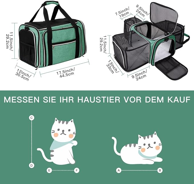 BAGLHER Expandable Cat Carrier with Travel Litter Box, Pet Travel 5 Sides Open Doors 3 Sides, Leak-Proof and Collapsible, for Car, Airplane Trip, Green