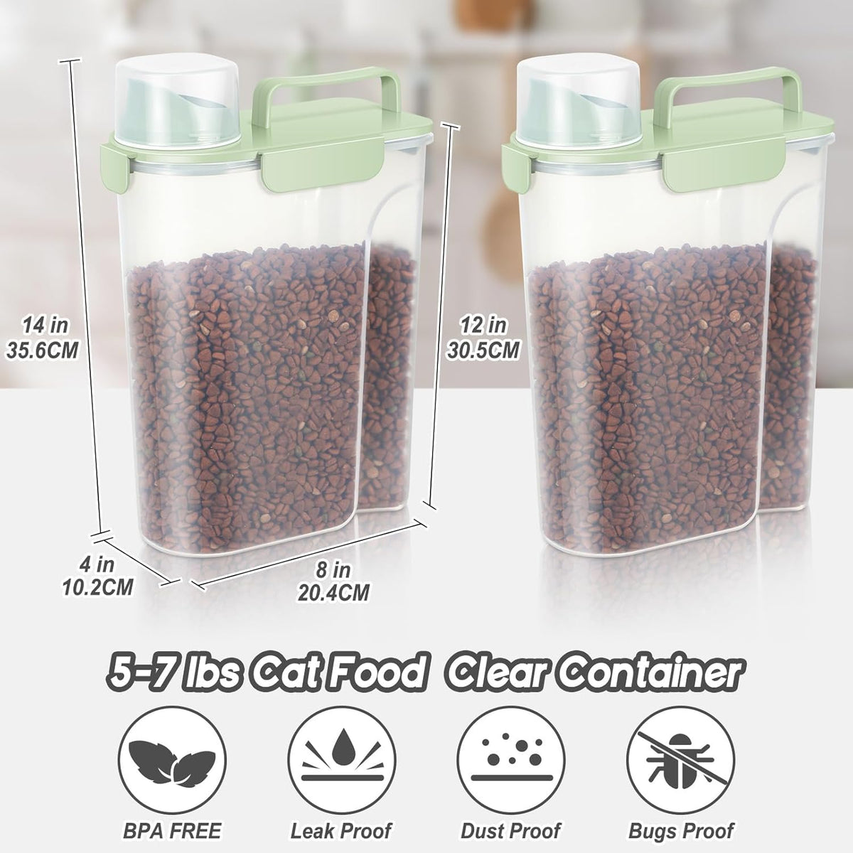 5-7Lbs Dog Cat Food Storage Container with Upgraded Large Nozzle BPA-free, 4 Snap Seals Plastic Pet Food Storage Containers with Handles (3, Light Green, 5L)