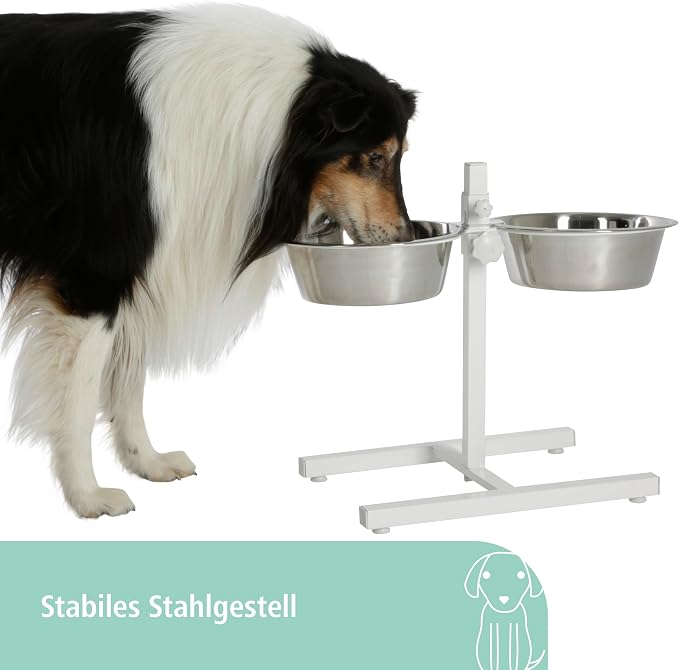 Kerbl Pet Food Bar with Stainless Steel Bowls, Fully Adjustable Dog Bowl, 2 x 2800 ml, Height 43 cm, White